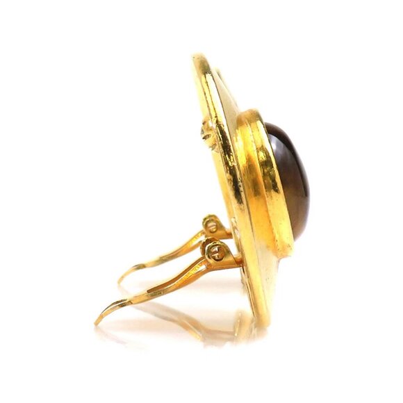 CHANEL CC Logo Clip on Earrings Gold/Brown Metal/Stone - - Picture 2 of 14